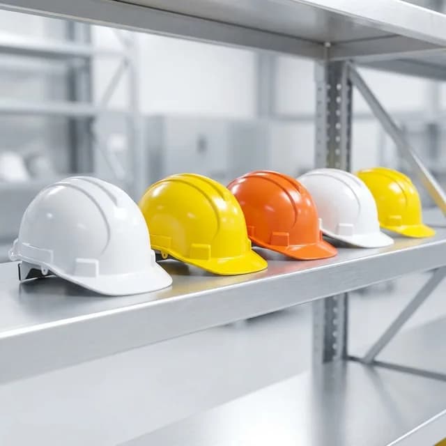 Hard hats and head protection on a shelf