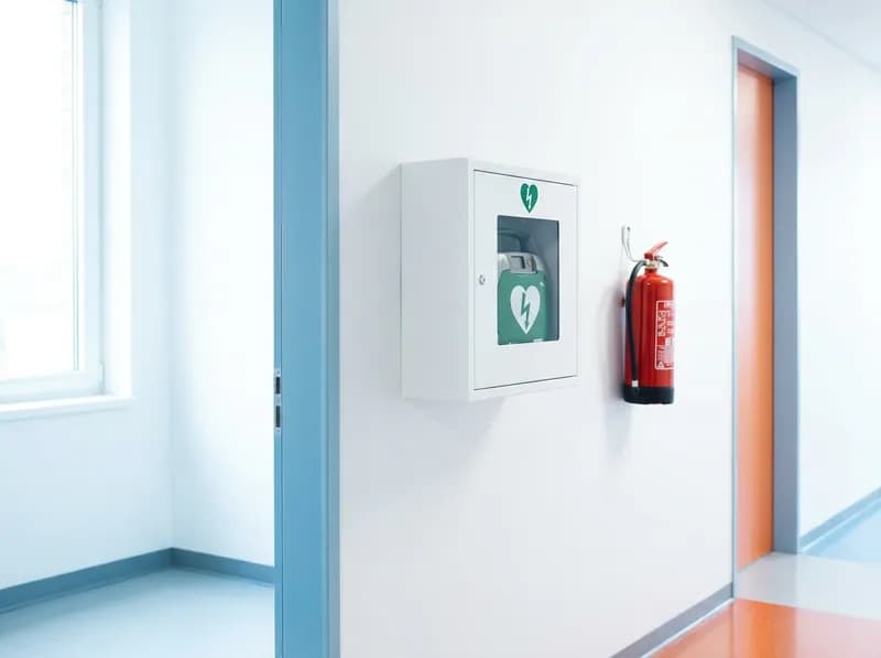 Clean corridor wall holding a defibrillator cabinet beside a small extinguisher