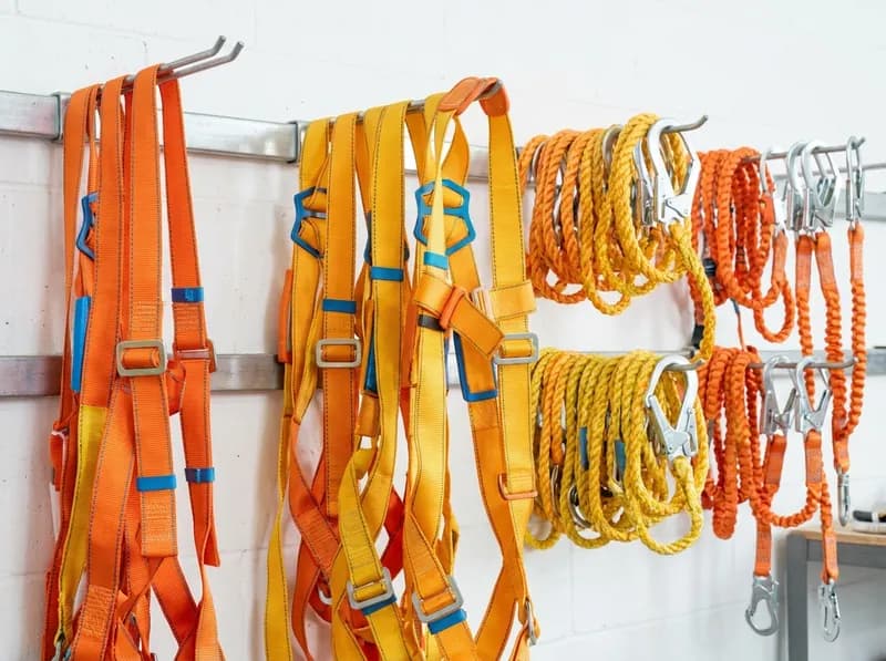 Orange fall protection harnesses and coiled lanyards hanging on a workshop rack