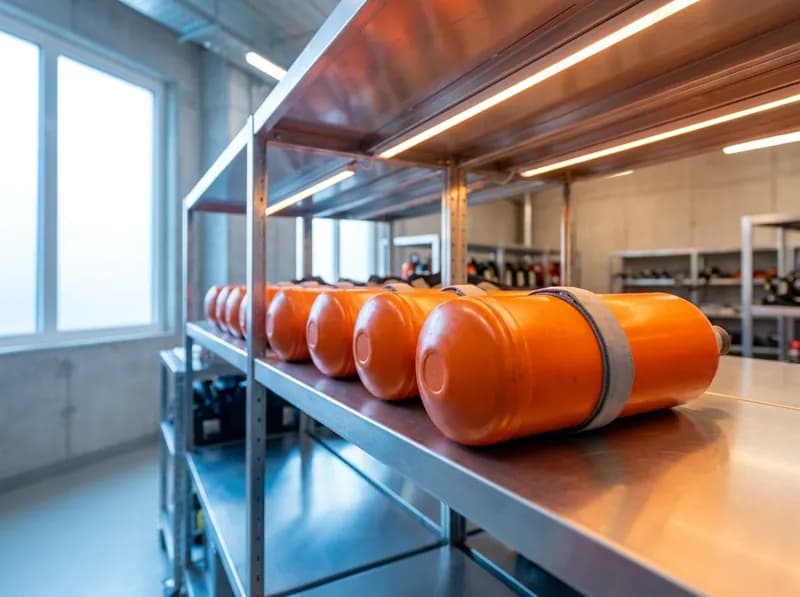 Row of orange self rescuer canisters on a metal rack in a mine equipment room