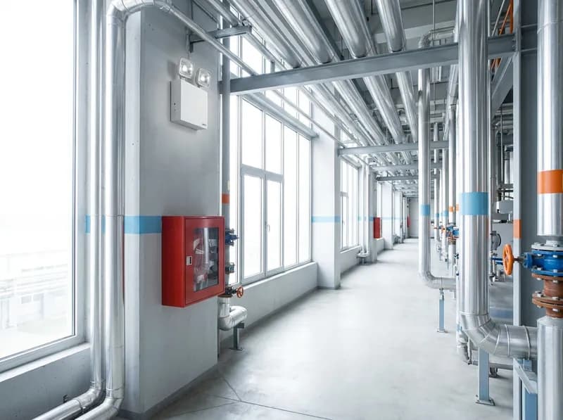 Bright industrial corridor with an emergency light unit and extinguisher cabinet