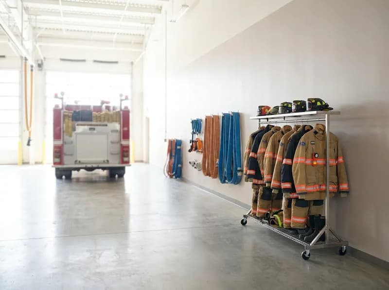 Bright fire station apparatus bay with turnout gear racked along the wall
