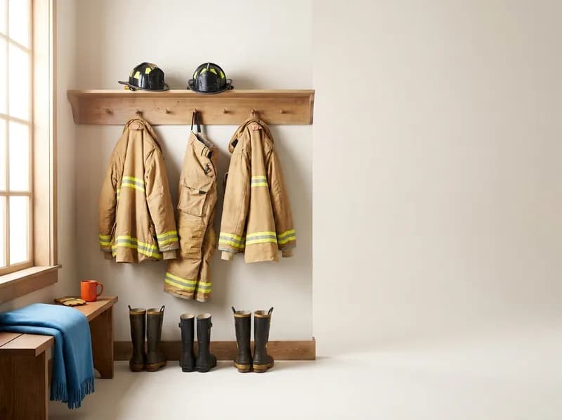Small fire hall entry with helmets on a shelf, coats on pegs and boots beneath