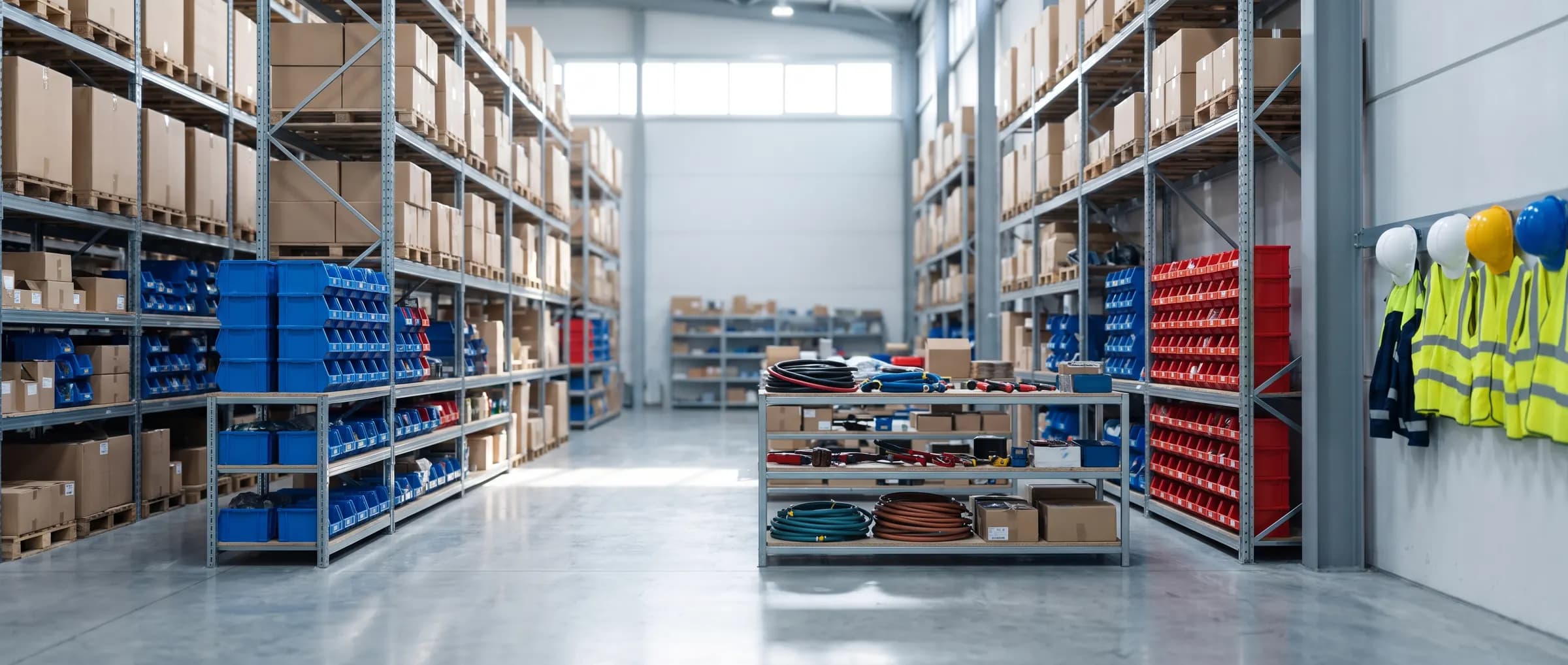 A distribution warehouse aisle: pallet racking, parts bins, coiled hose and hand tools, with hi-vis and hard hats on the wall