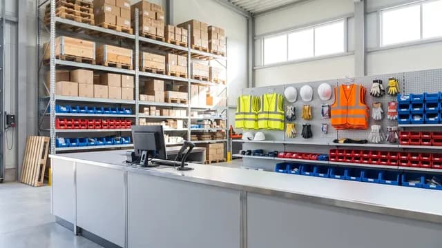 A distributor trade counter with an order terminal, parts bins, and warehouse racking behind it