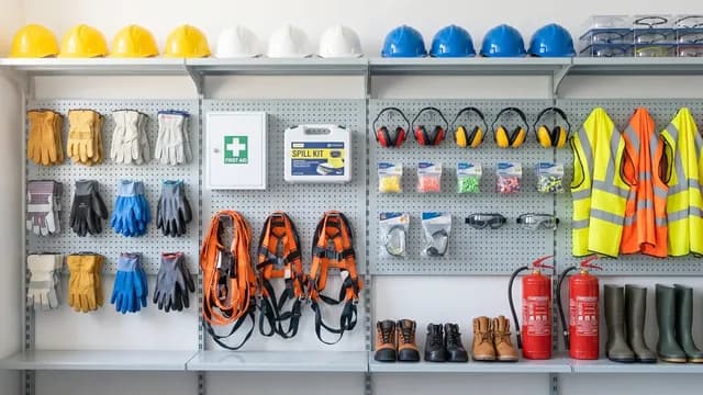 A safety and industrial supply shelf: hard hats, gloves, harnesses, ear protection and hi-vis