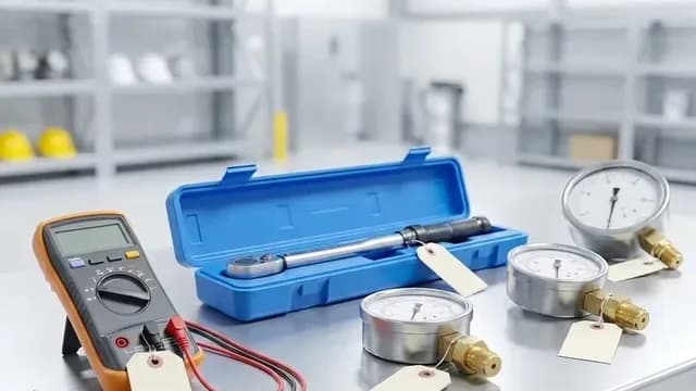 A multimeter, a torque wrench and pressure gauges on a service bench, each gauge carrying a calibration tag