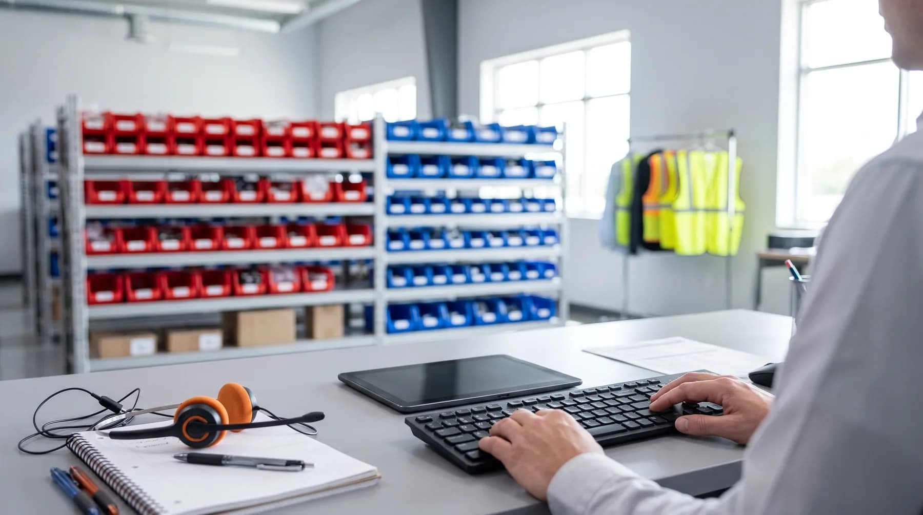 An inside sales desk beside a wall of parts bins